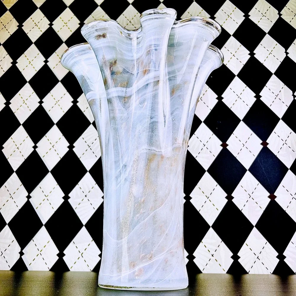 White Opaline Art Glass Vase 15" Ruffled Aventurine‎ Statement - Picture 7 of 17